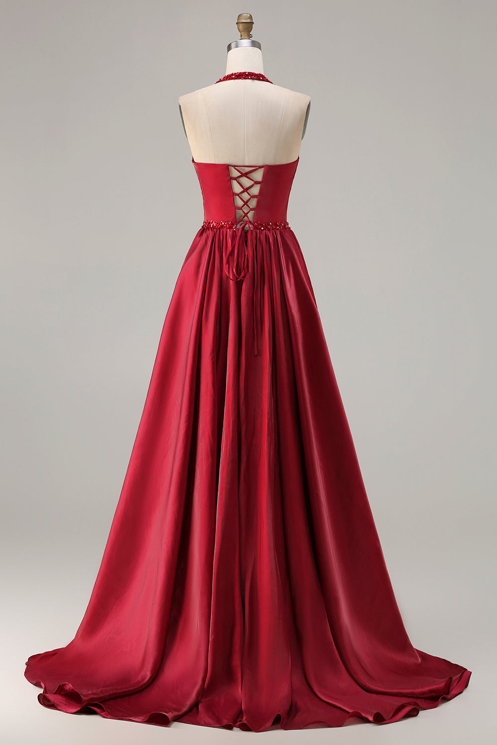 Elegant Burgundy Satin A-Line Halter Long Prom Dress with Beading