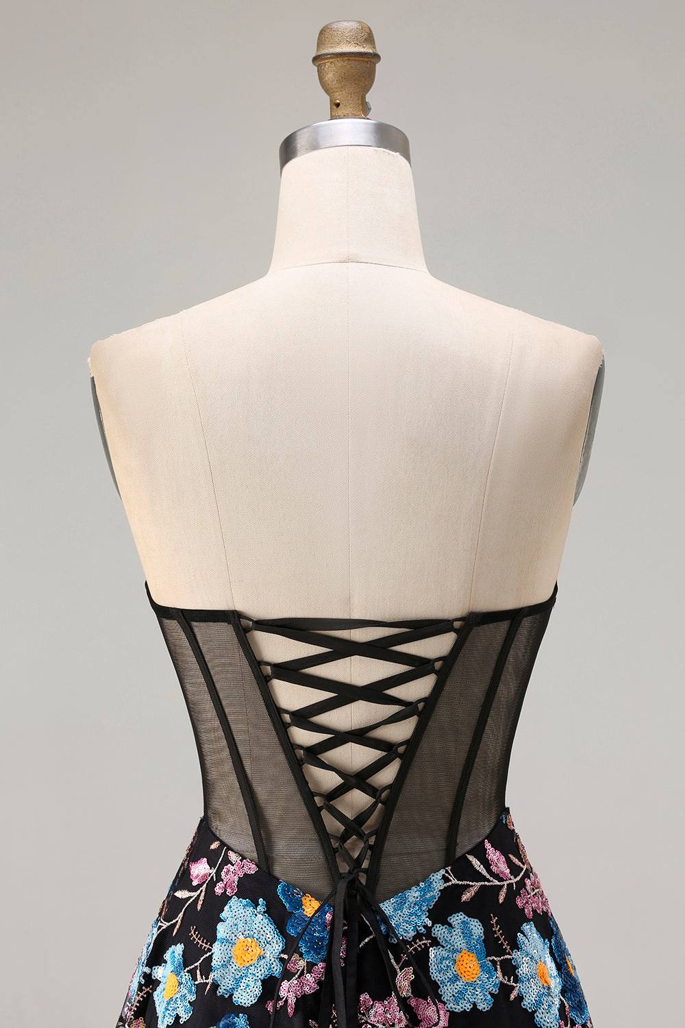 Floral Black A-Line Strapless Lace-Up Back Long Corset Prom Dress