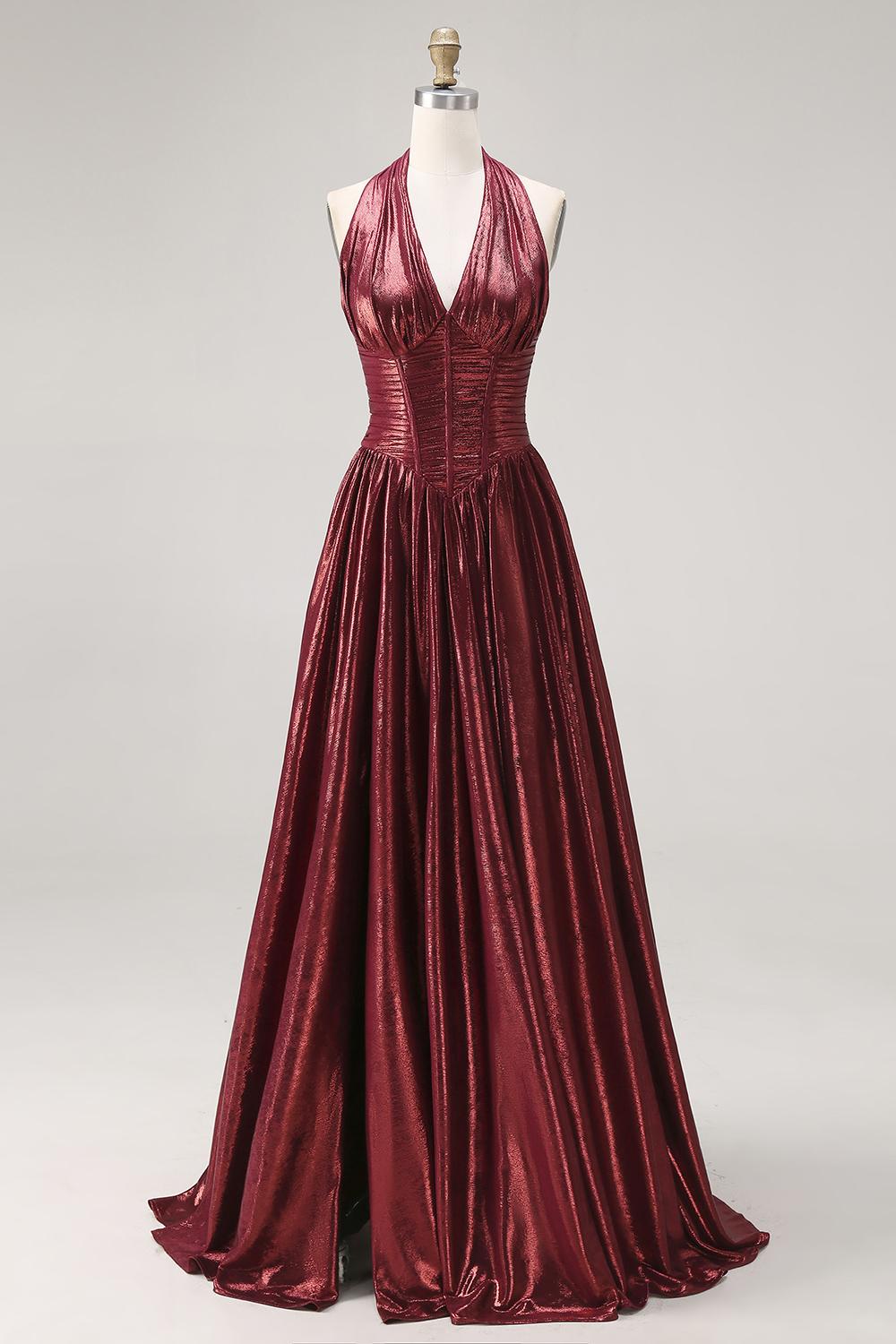 Metallic Burgundy Halter Pleated Long Corset Formal Dress with Slit