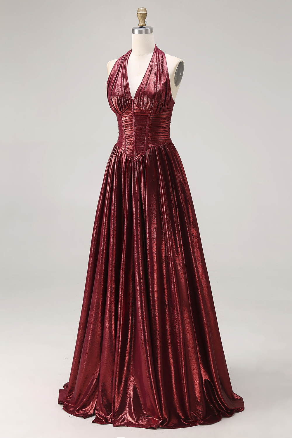 Metallic Burgundy Halter Pleated Long Corset Formal Dress with Slit