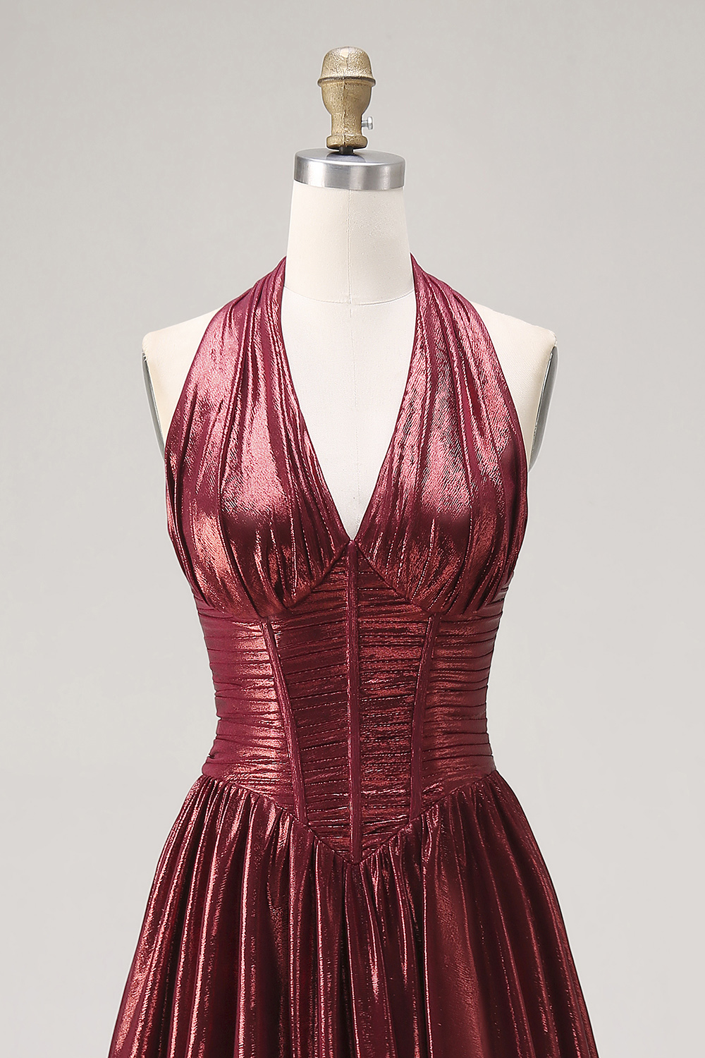 Metallic Burgundy Halter Pleated Long Corset Formal Dress with Slit