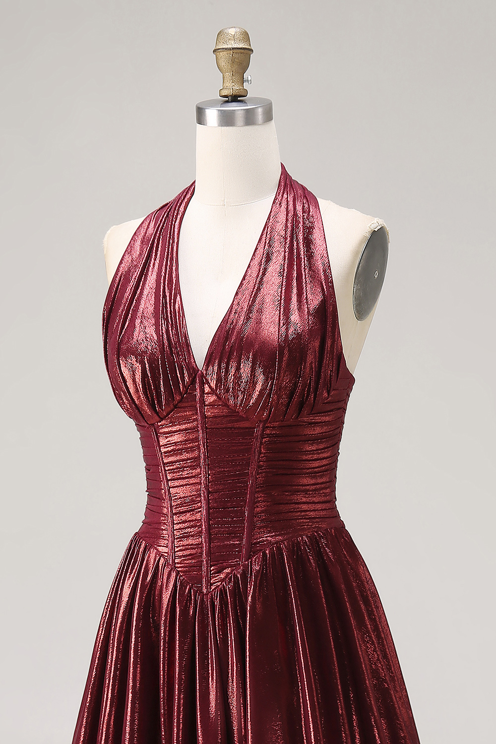 Metallic Burgundy Halter Pleated Long Corset Formal Dress with Slit