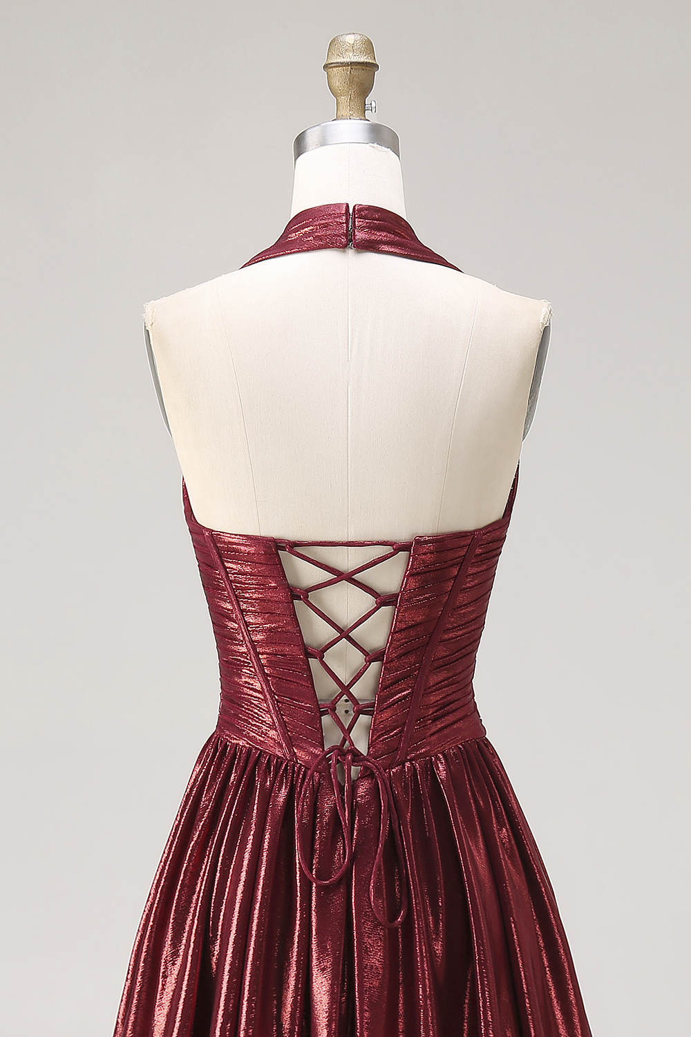 Metallic Burgundy Halter Pleated Long Corset Formal Dress with Slit