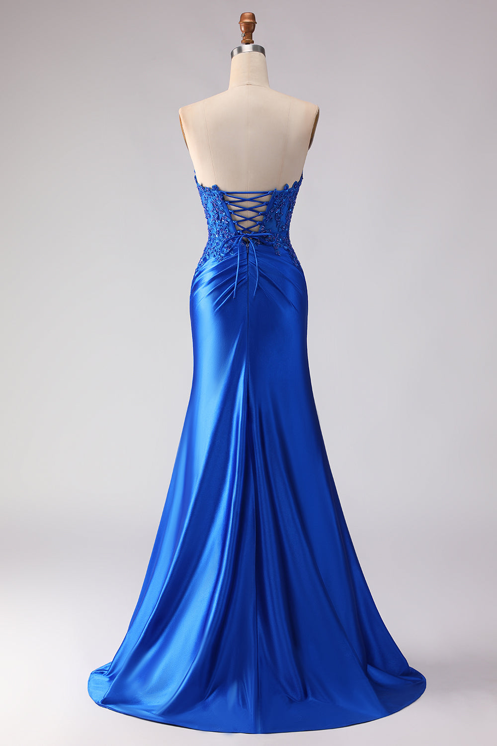 Royal Blue Mermaid Strapless Beaded Long Satin Prom Dress with Slit