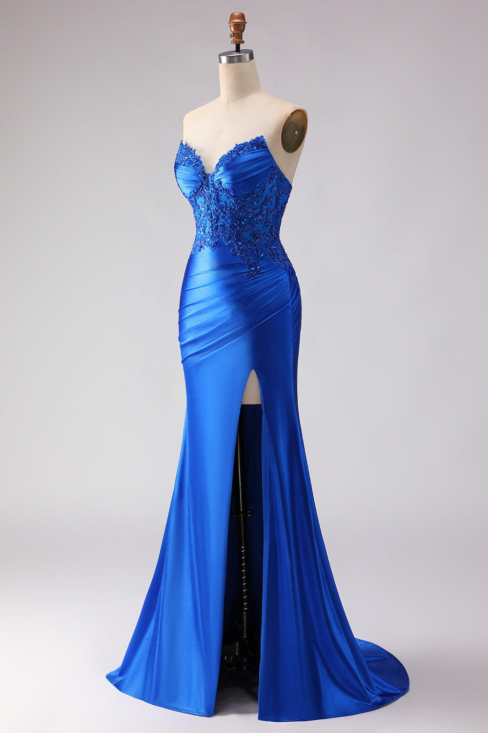 Royal Blue Mermaid Strapless Beaded Long Satin Prom Dress with Slit