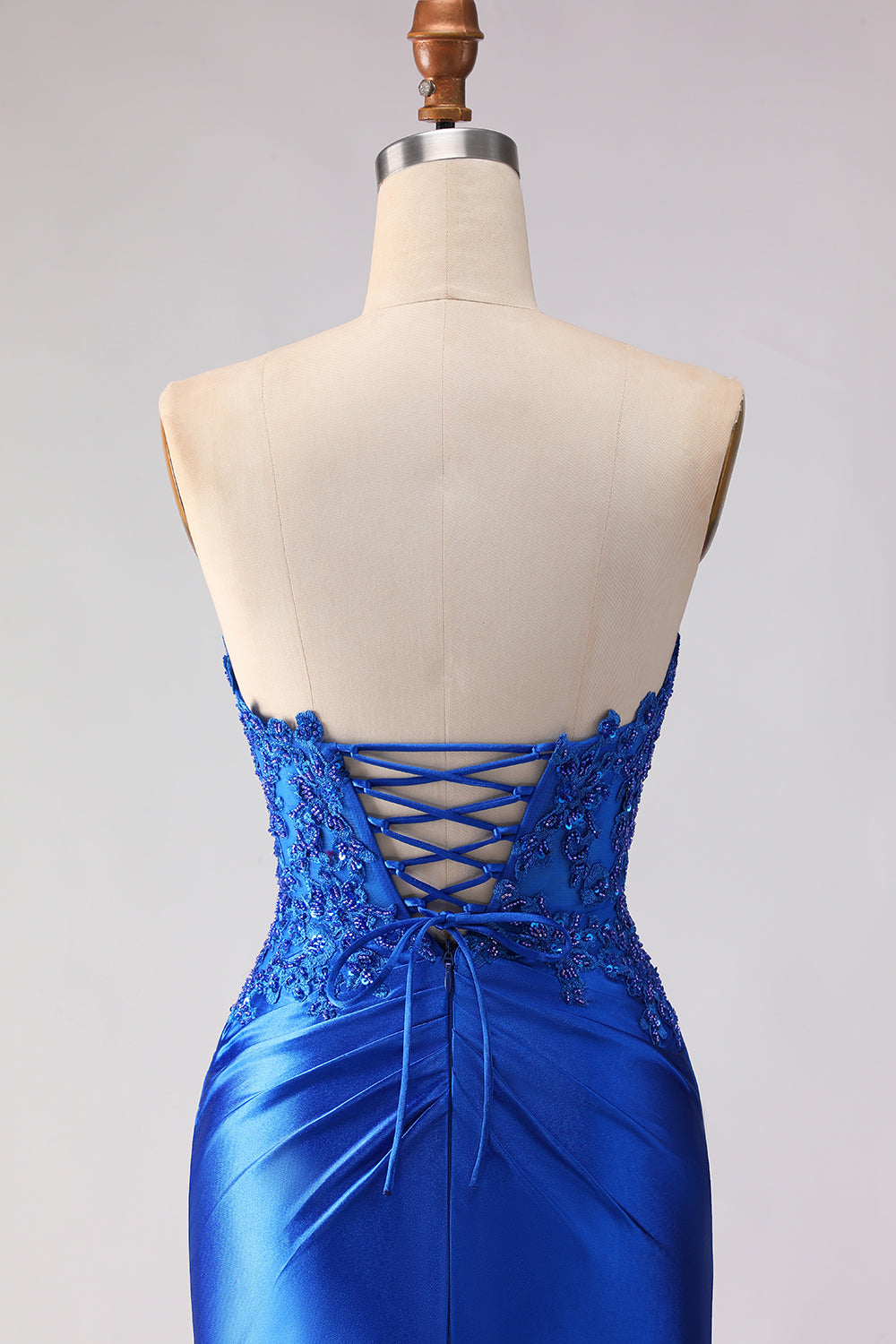 Royal Blue Mermaid Strapless Beaded Long Satin Prom Dress with Slit