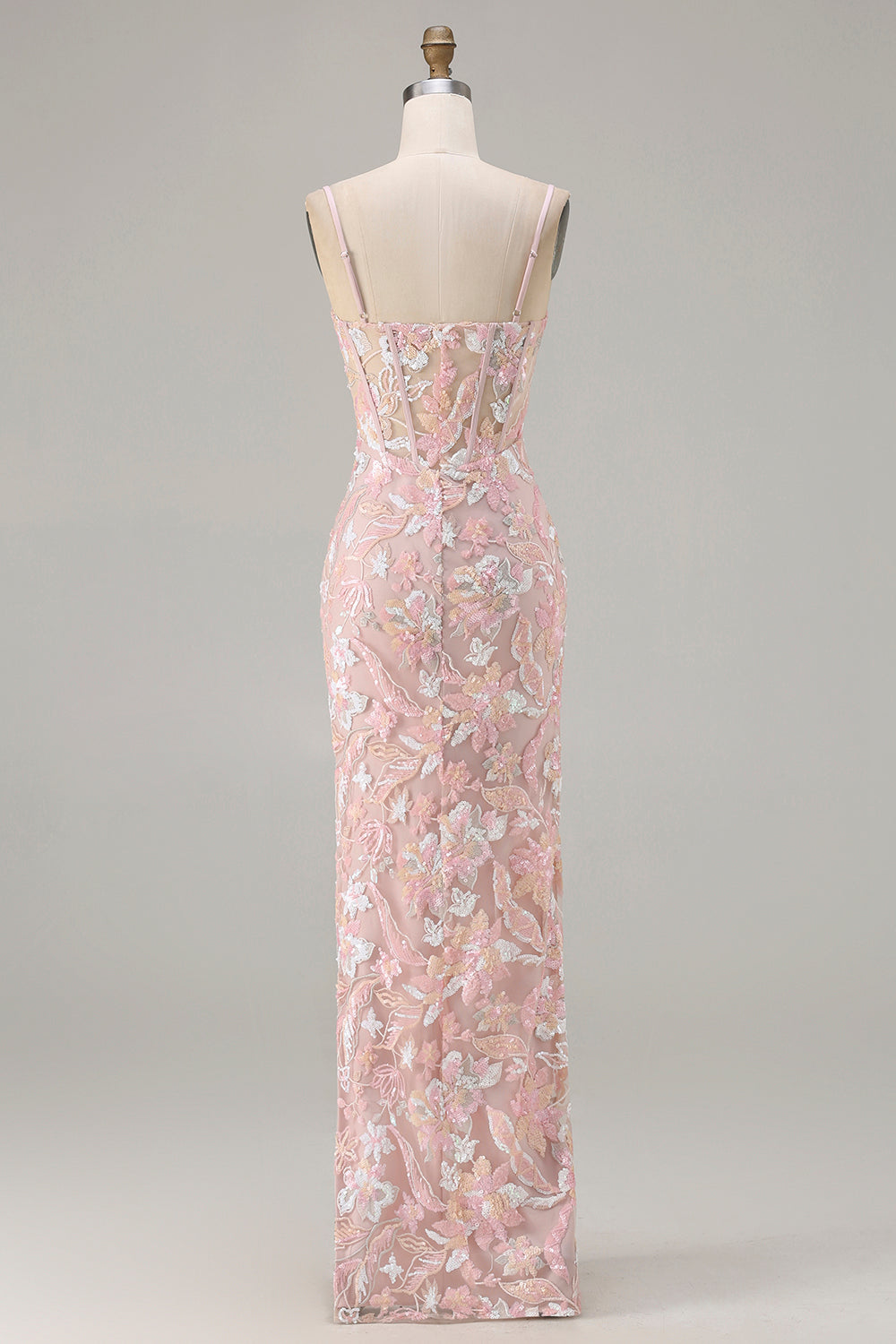 Sparkly Blush Pink Corset Sheath Sequin Long Floral Prom Dress