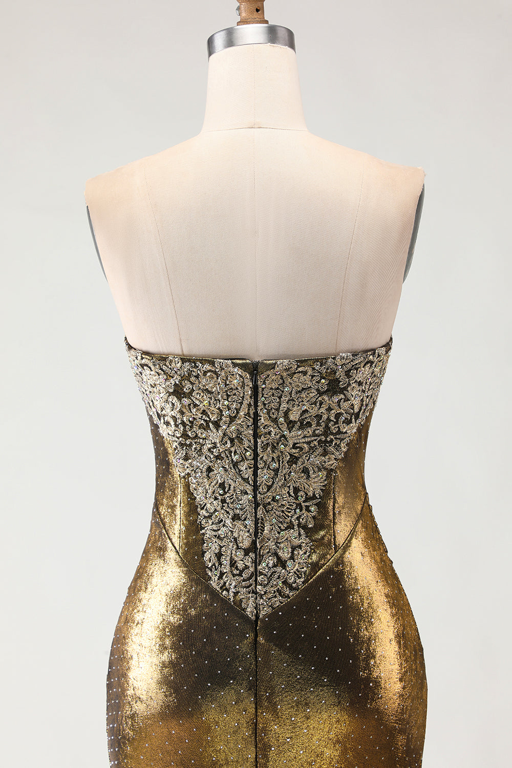 Metallic Bronze Mermaid Strapless Long Beaded Prom Dress with Slit