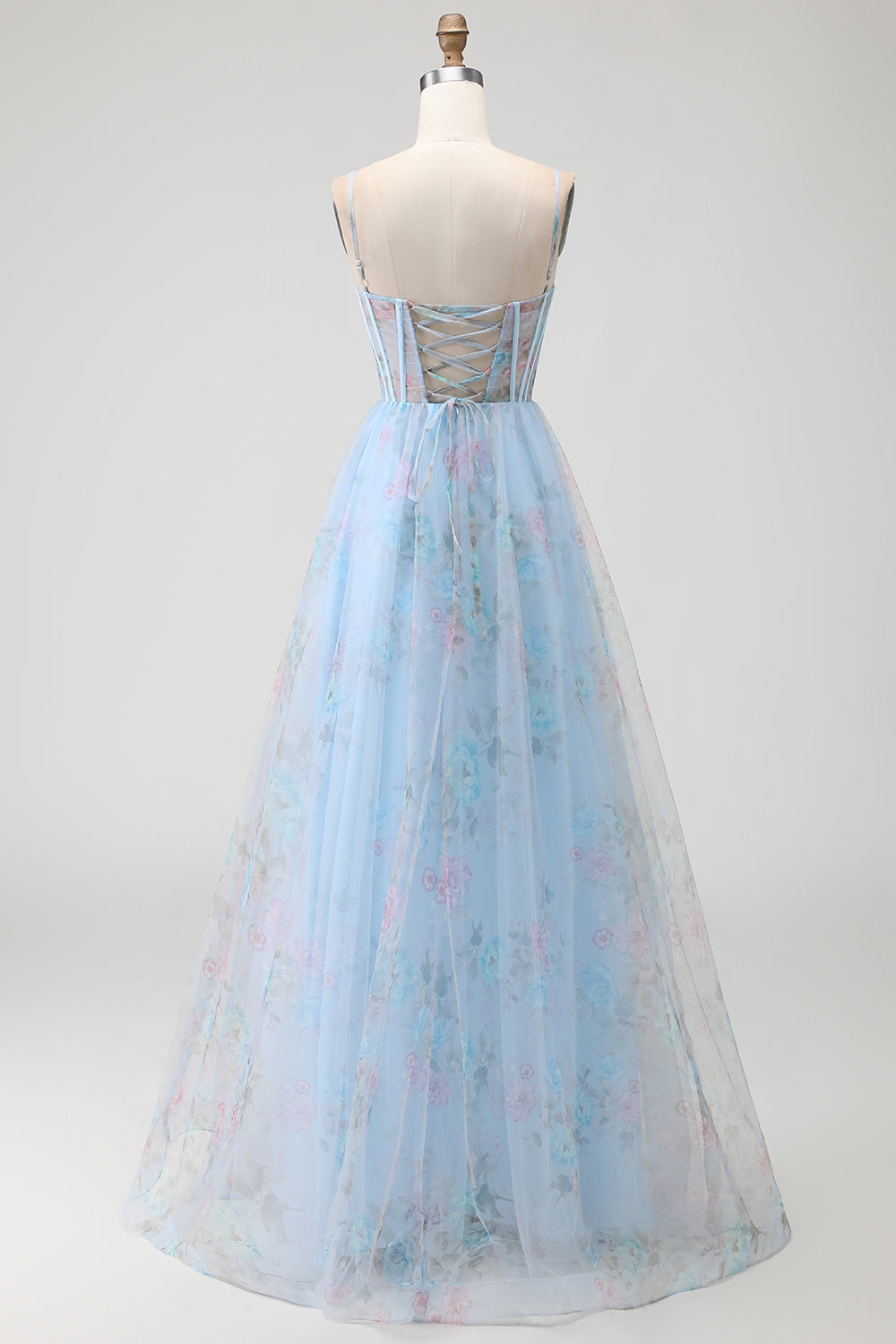 Floral Blue A-Line Spaghetti Straps Long Corset Prom Dress with Slit