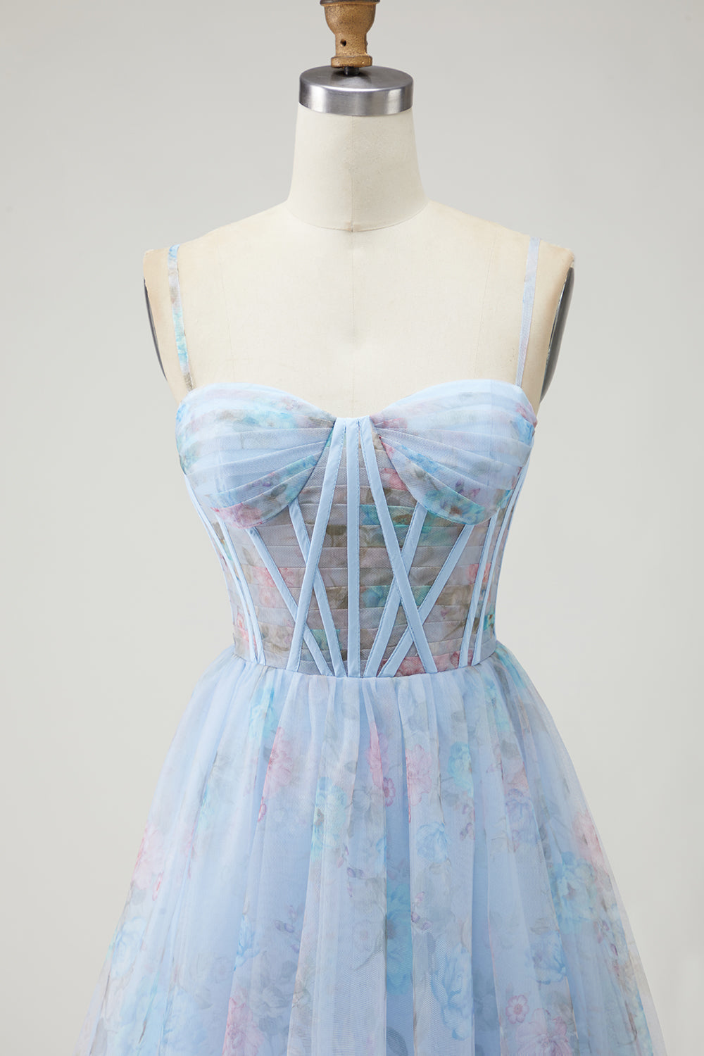 Floral Blue A-Line Spaghetti Straps Long Corset Prom Dress with Slit