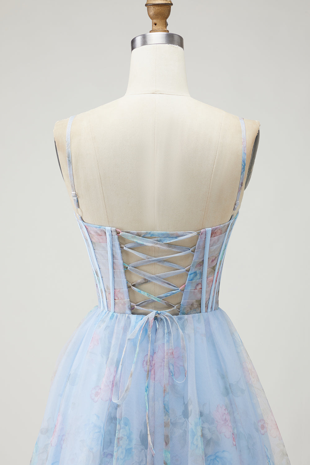 Floral Blue A-Line Spaghetti Straps Long Corset Prom Dress with Slit