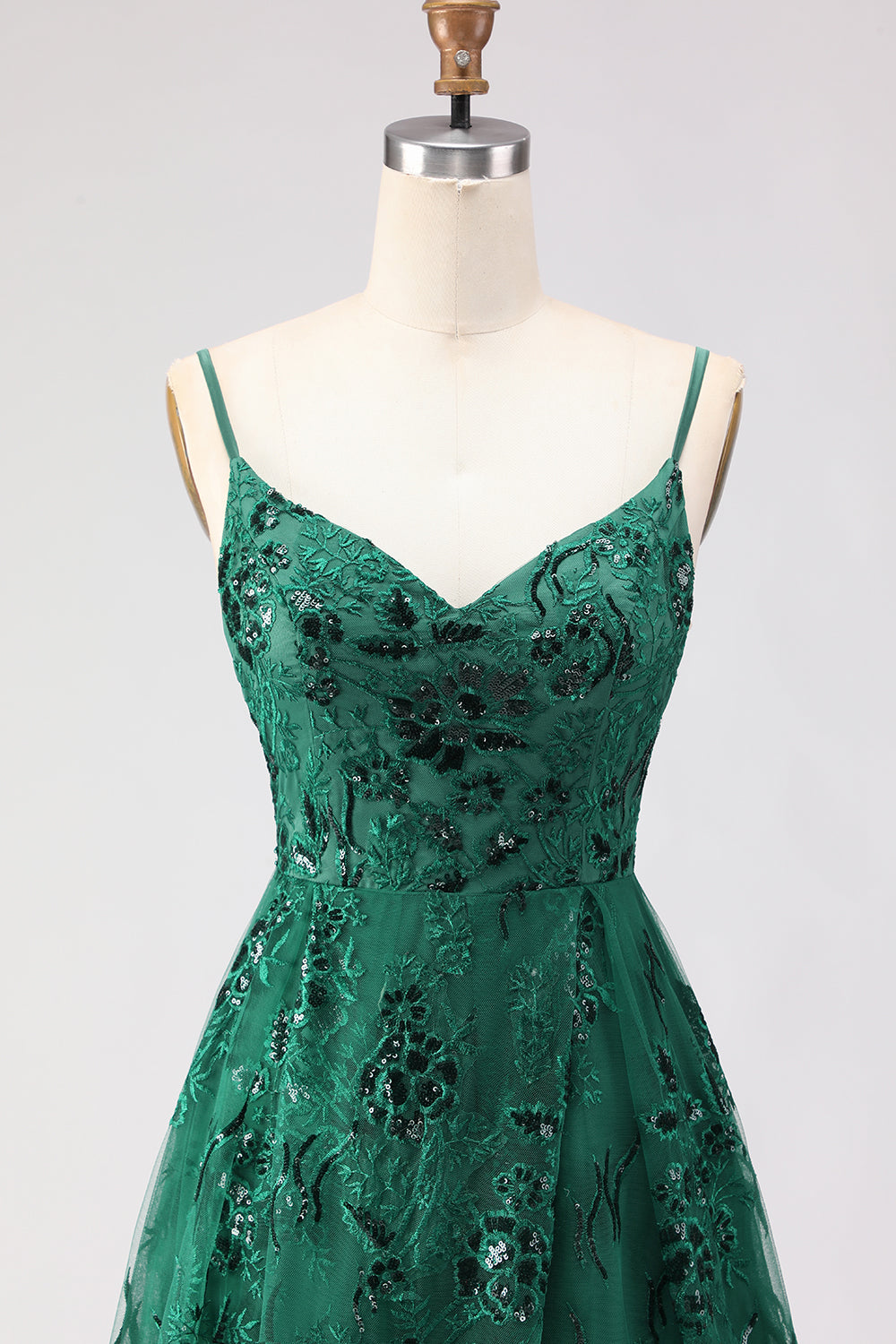 Floral Dark Green Lace A Line Long Sparkly Prom Dress with Slit