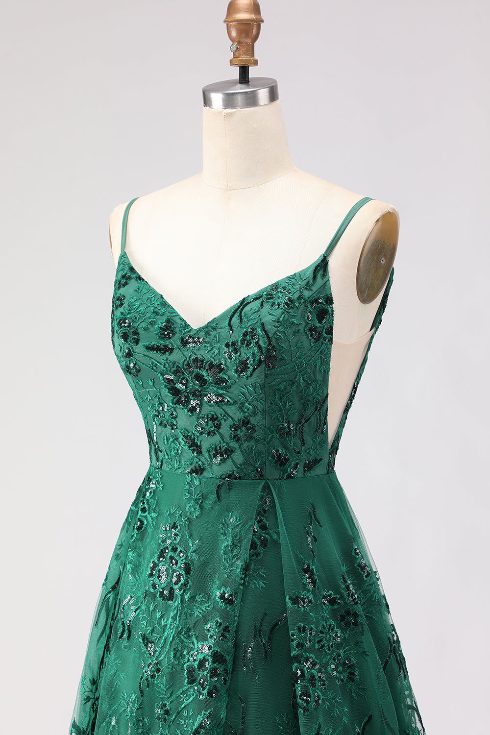 Floral Dark Green Lace A Line Long Sparkly Prom Dress with Slit