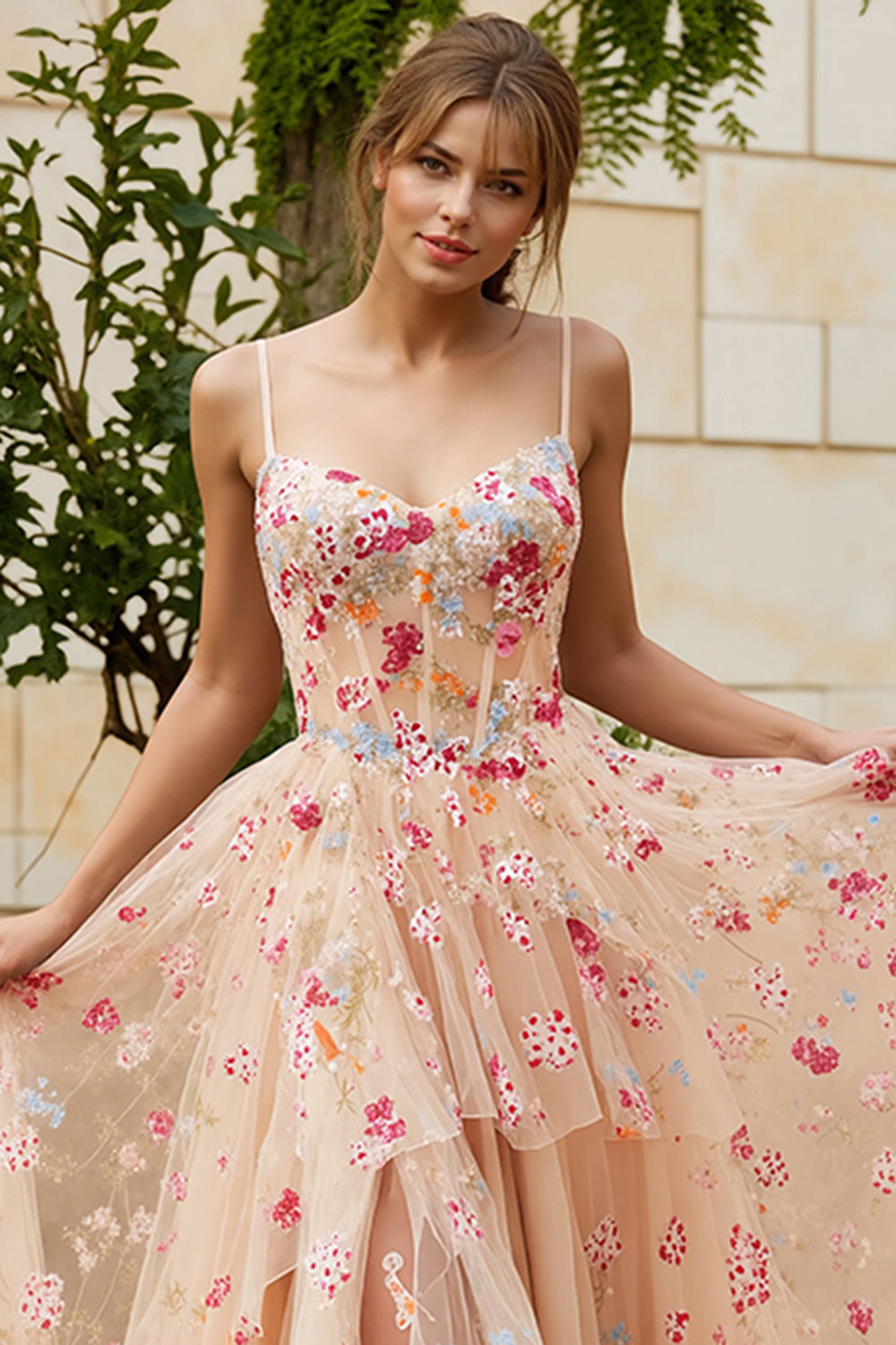 Floral Ivory Tulle Spaghetti Straps A-Line Long Corset Prom Dress with Slit