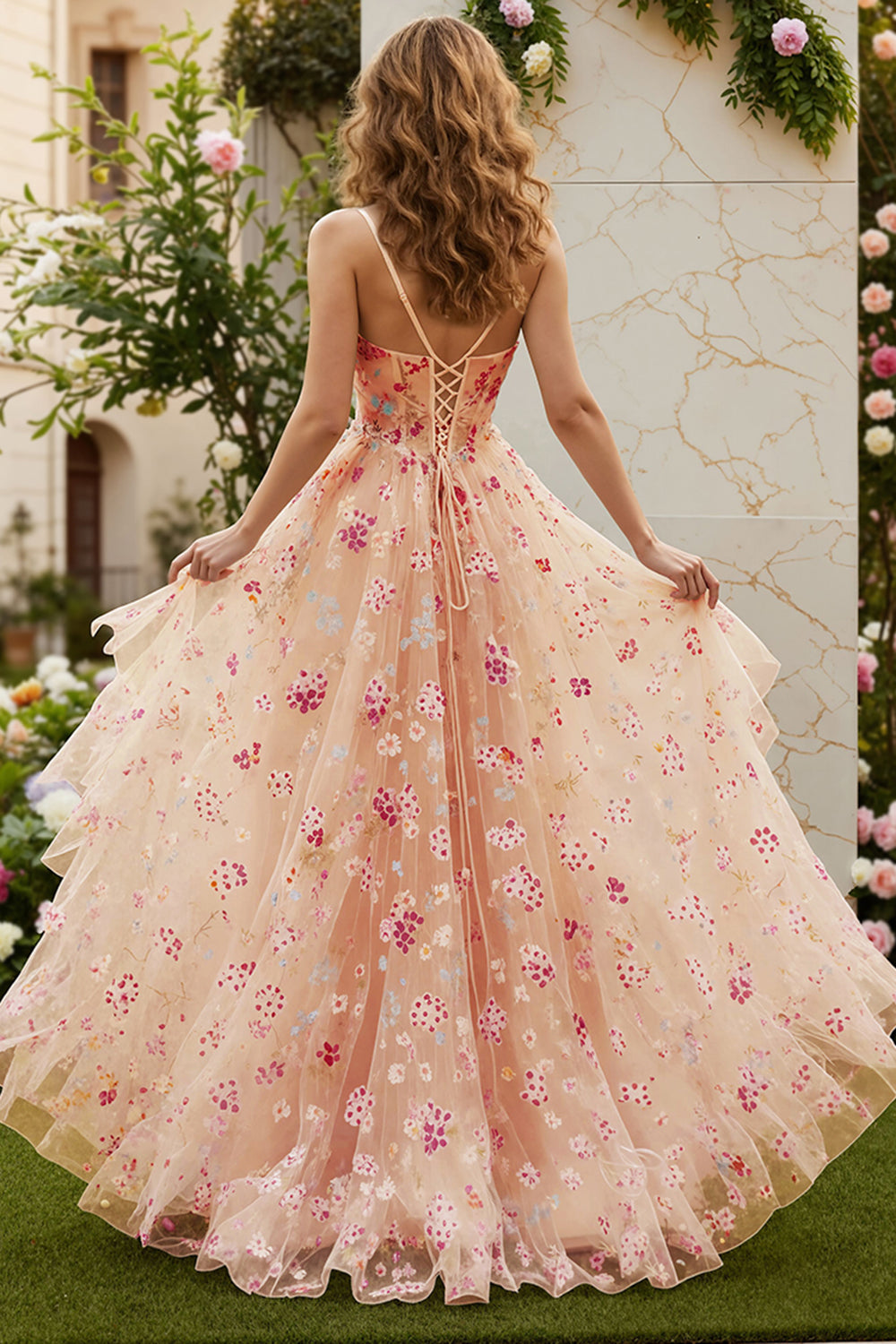 Floral Ivory Tulle Spaghetti Straps A-Line Long Corset Prom Dress with Slit