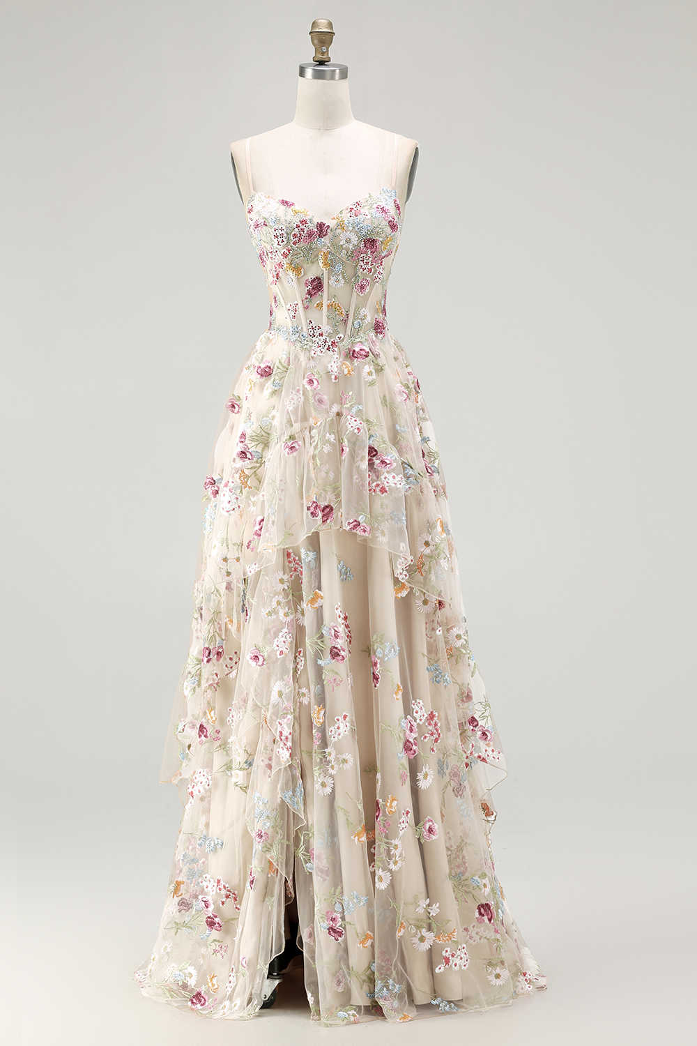 Sparkly Champagne A-Line Tulle Tiered Long Corset Prom Dress