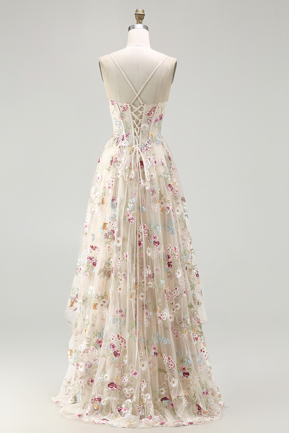 Sparkly Champagne A-Line Tulle Tiered Long Corset Prom Dress