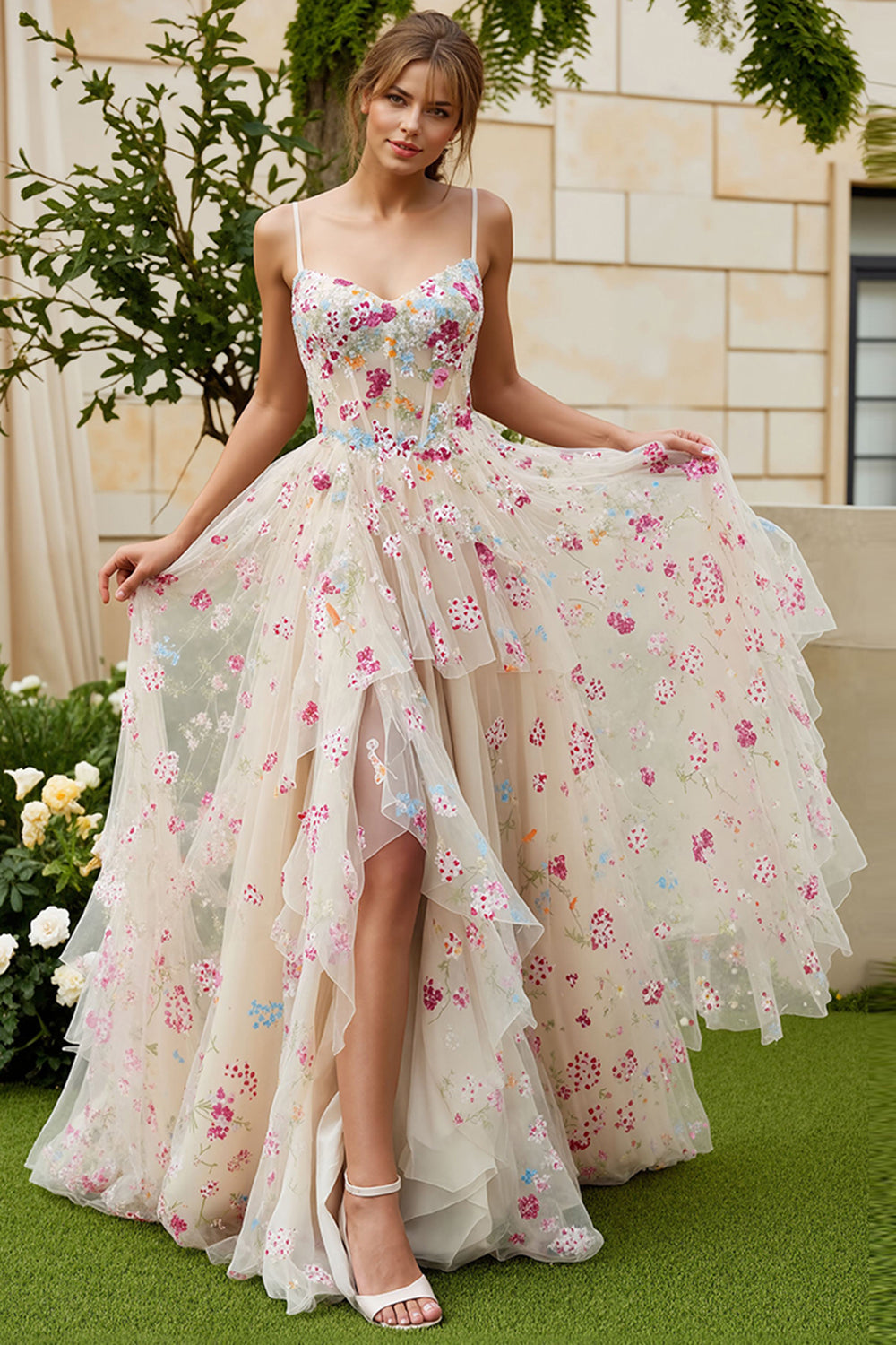 Floral Ivory Tulle Spaghetti Straps A-Line Long Corset Prom Dress with Slit