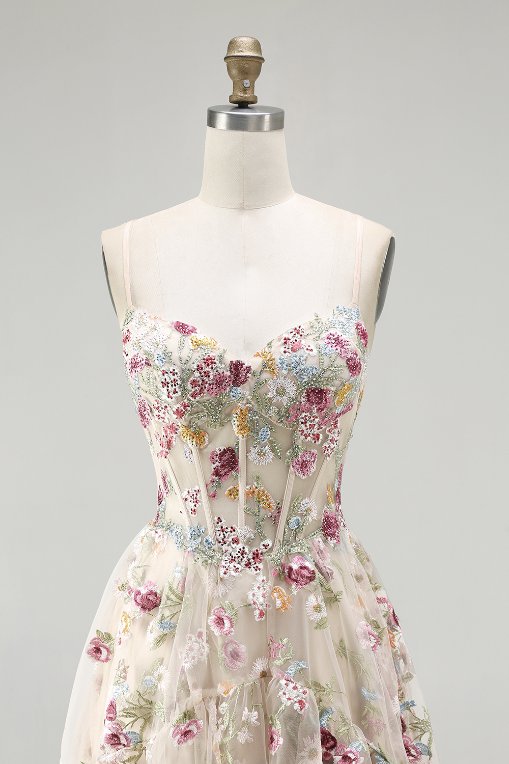 Sparkly Champagne A-Line Tulle Tiered Long Corset Prom Dress