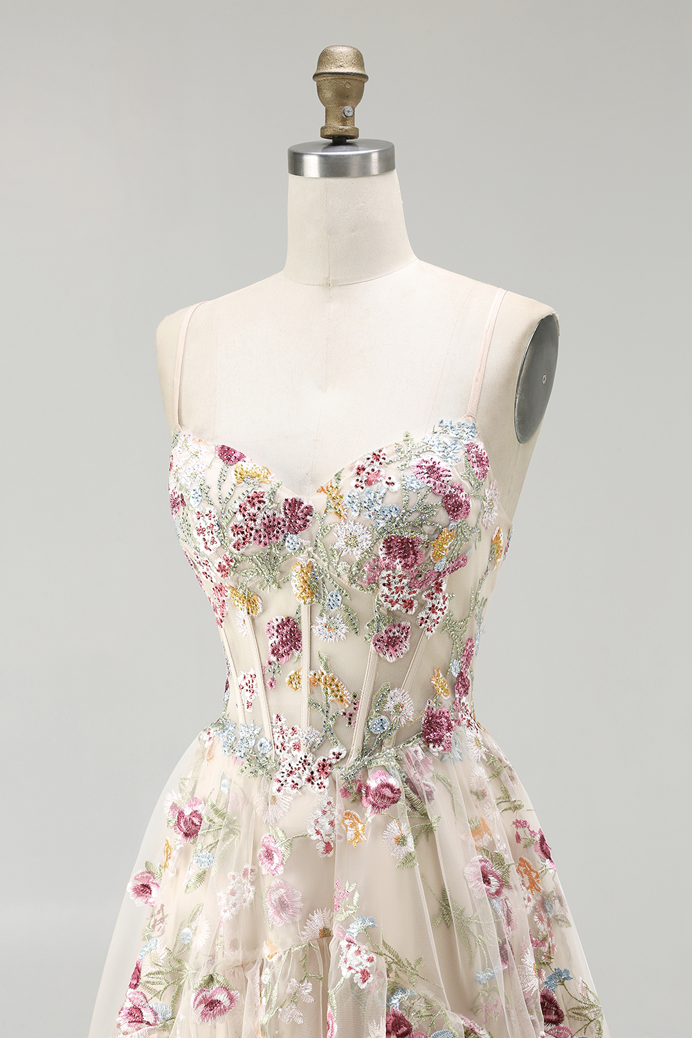 Sparkly Champagne A-Line Tulle Tiered Long Corset Prom Dress