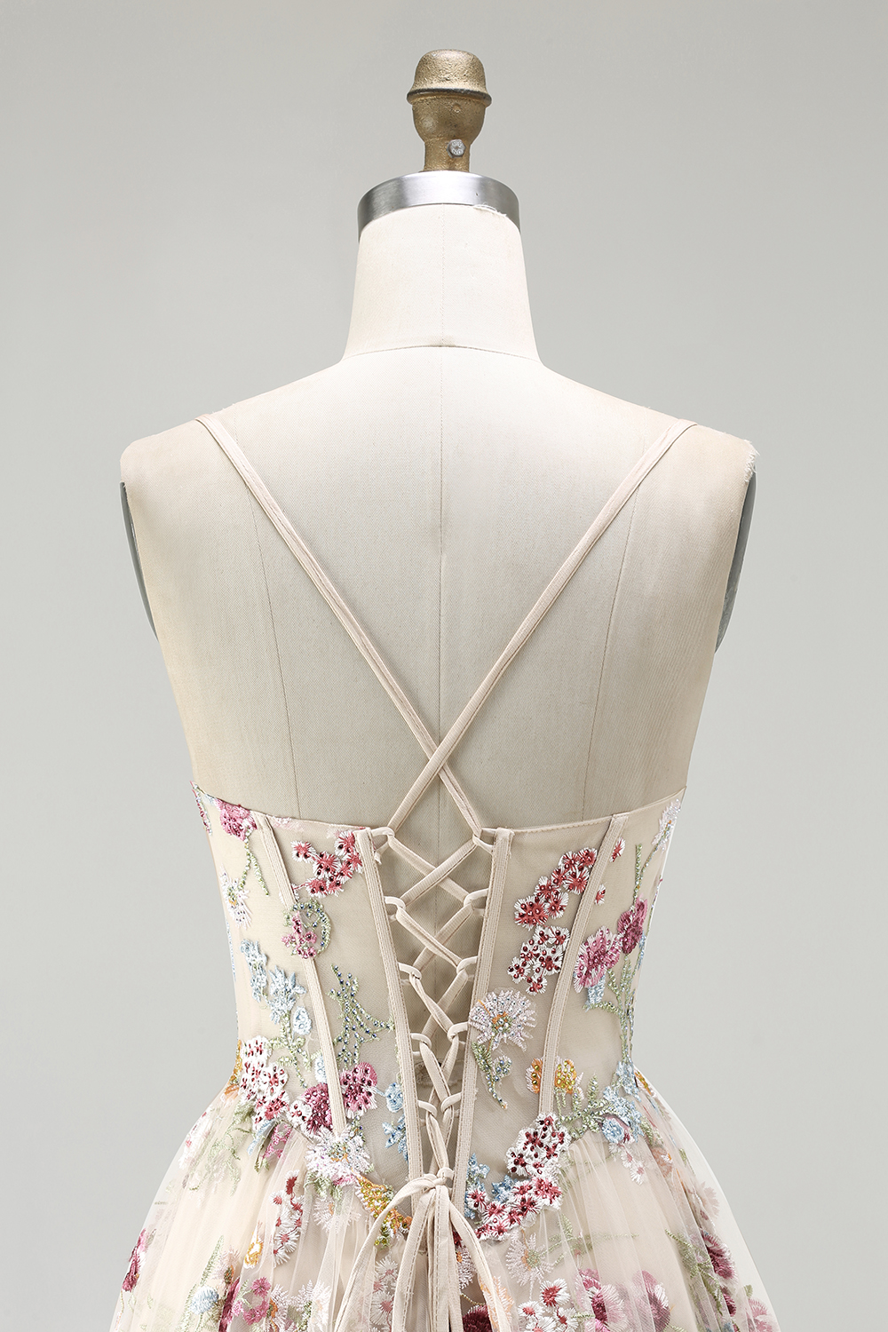 Sparkly Champagne A-Line Tulle Tiered Long Corset Prom Dress