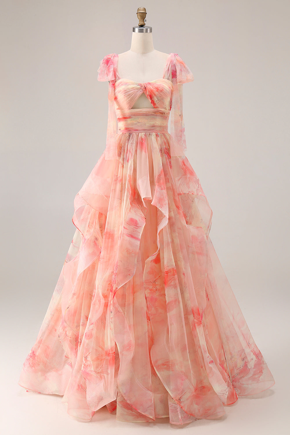 Sunset Ball Gown Ruffled Cut Out Long Prom Dress with Keyhole