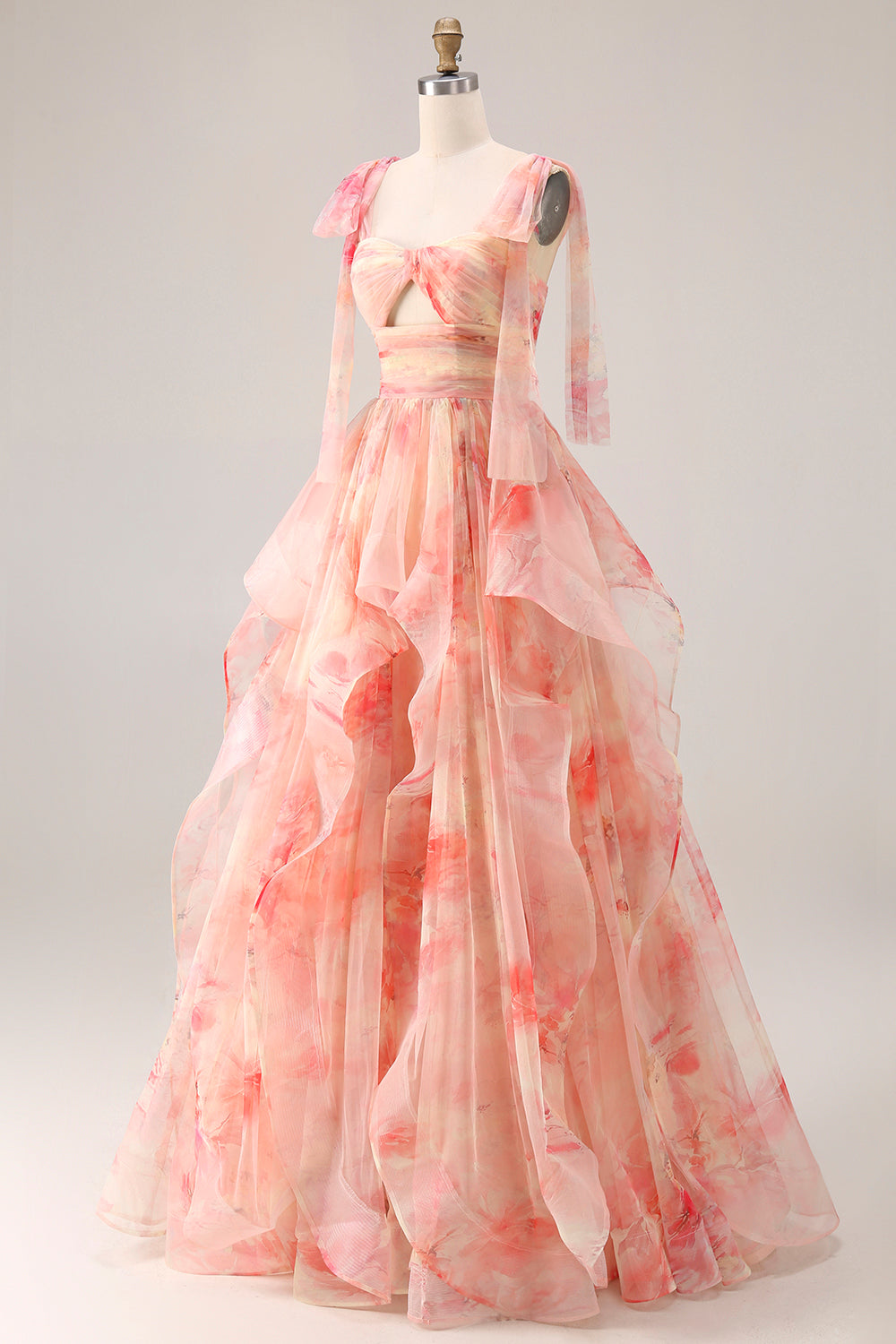 Sunset Ball Gown Ruffled Cut Out Long Prom Dress with Keyhole