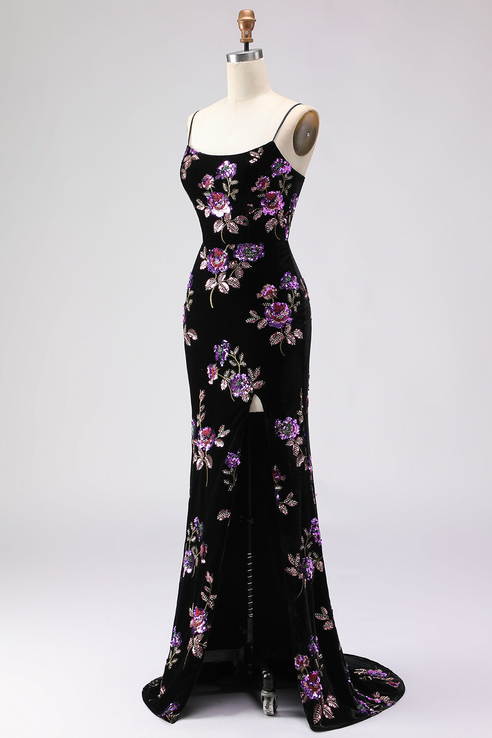 Floral Black Sheath Spaghetti Straps Long Prom Dress with Slit