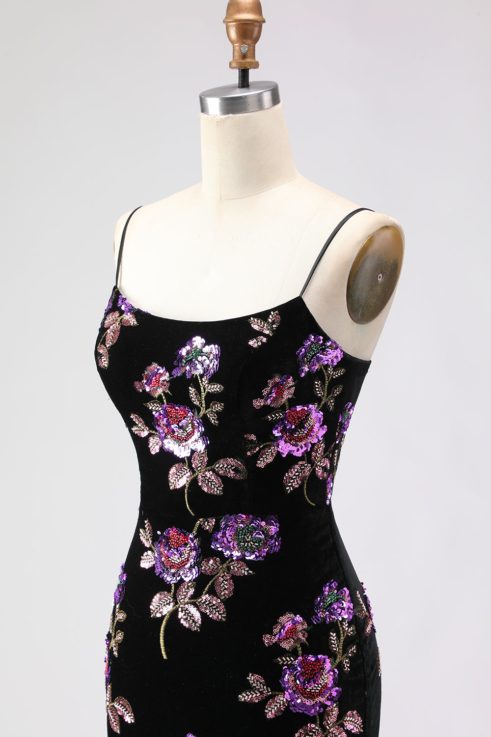 Floral Black Sheath Spaghetti Straps Long Prom Dress with Slit