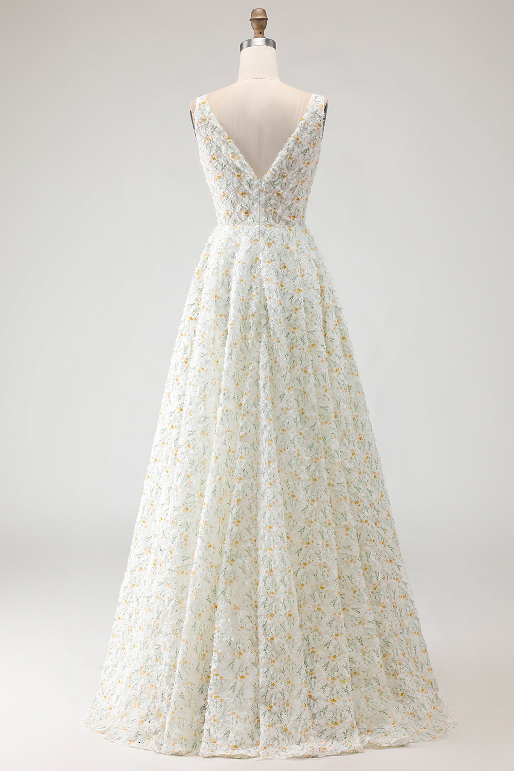 Floral White and Yellow V-Neck A-Line Long Prom Dress