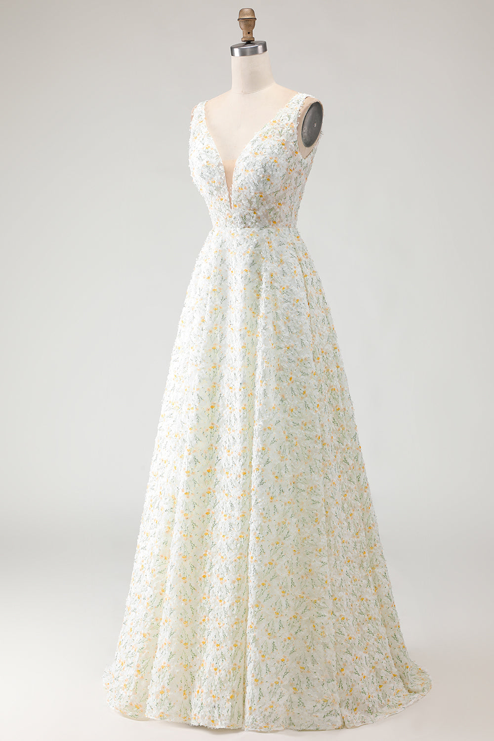 Floral White and Yellow V-Neck A-Line Long Prom Dress
