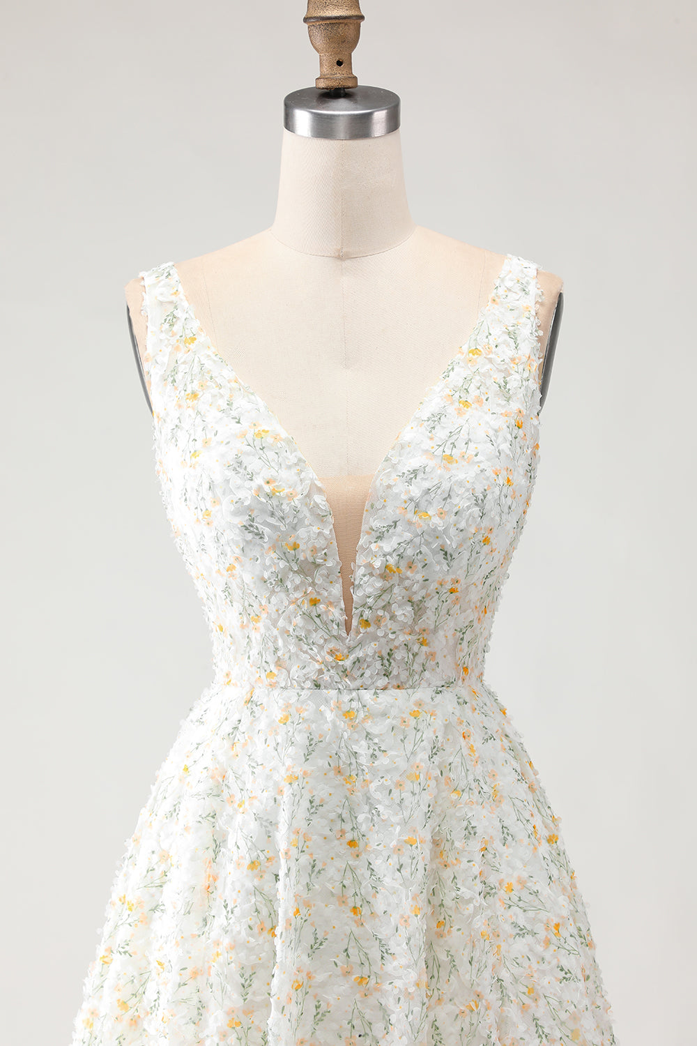 Floral White and Yellow V-Neck A-Line Long Prom Dress