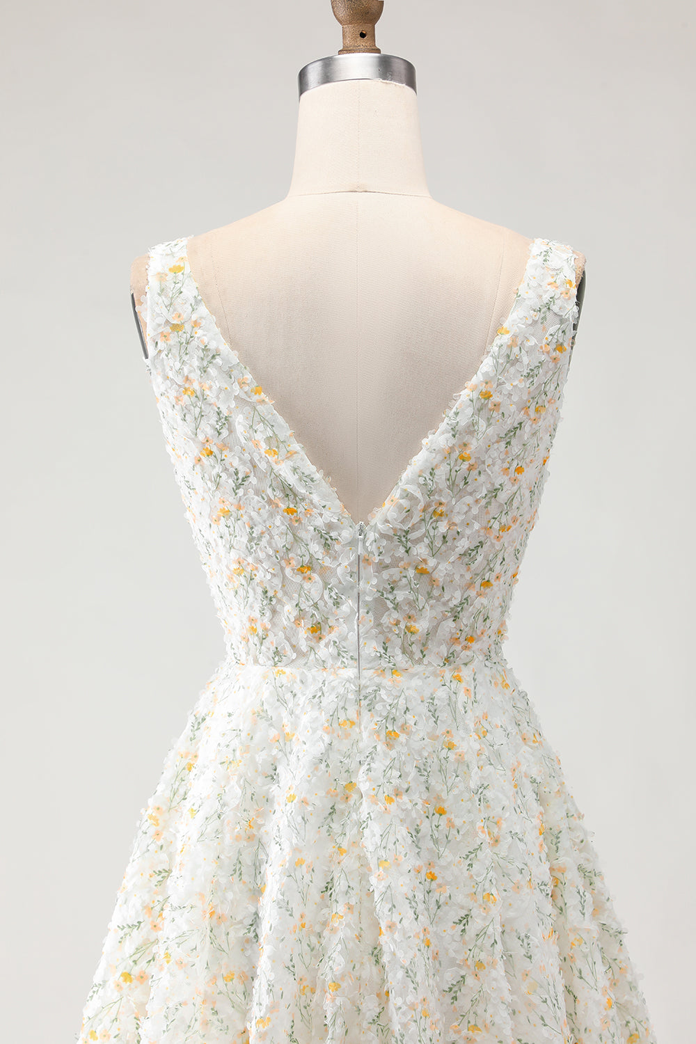 Floral White and Yellow V-Neck A-Line Long Prom Dress
