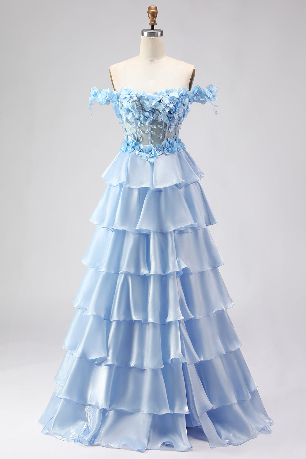 Floral Light Blue Tiered Ball Gown Off the Shoulder Long Corset Prom Dress