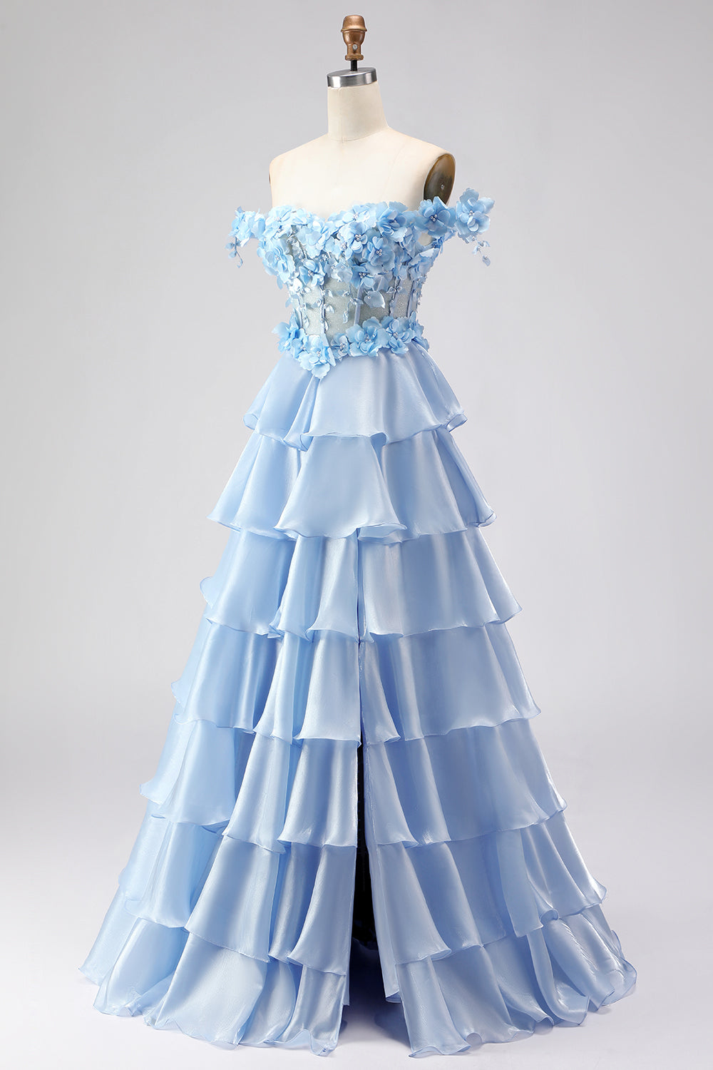 Floral Light Blue Tiered Ball Gown Off the Shoulder Long Corset Prom Dress