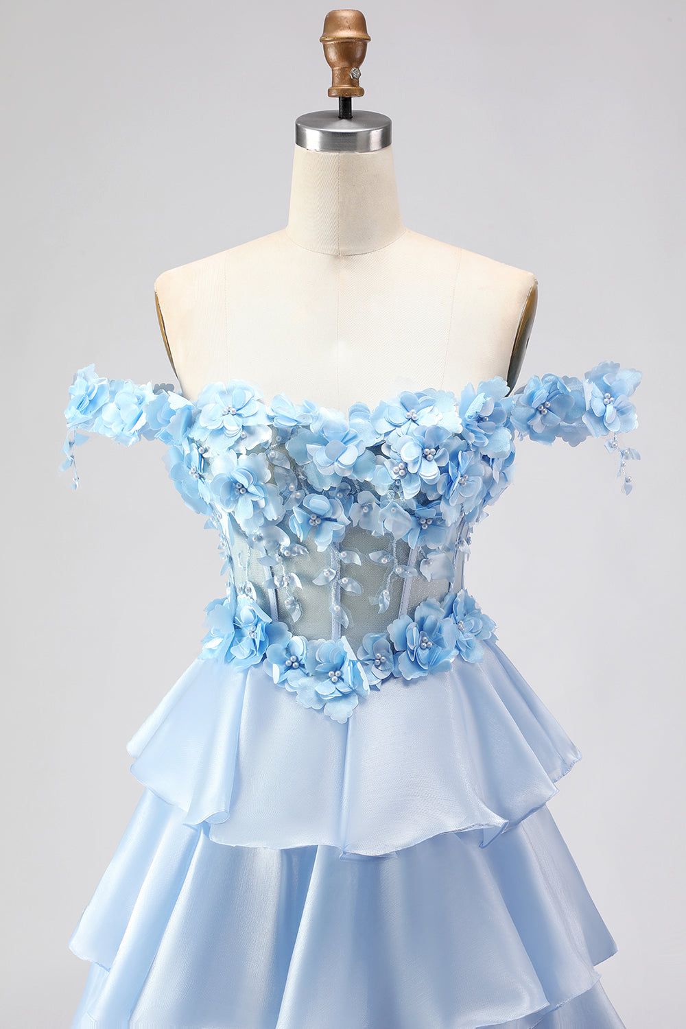 Floral Light Blue Tiered Ball Gown Off the Shoulder Long Corset Prom Dress