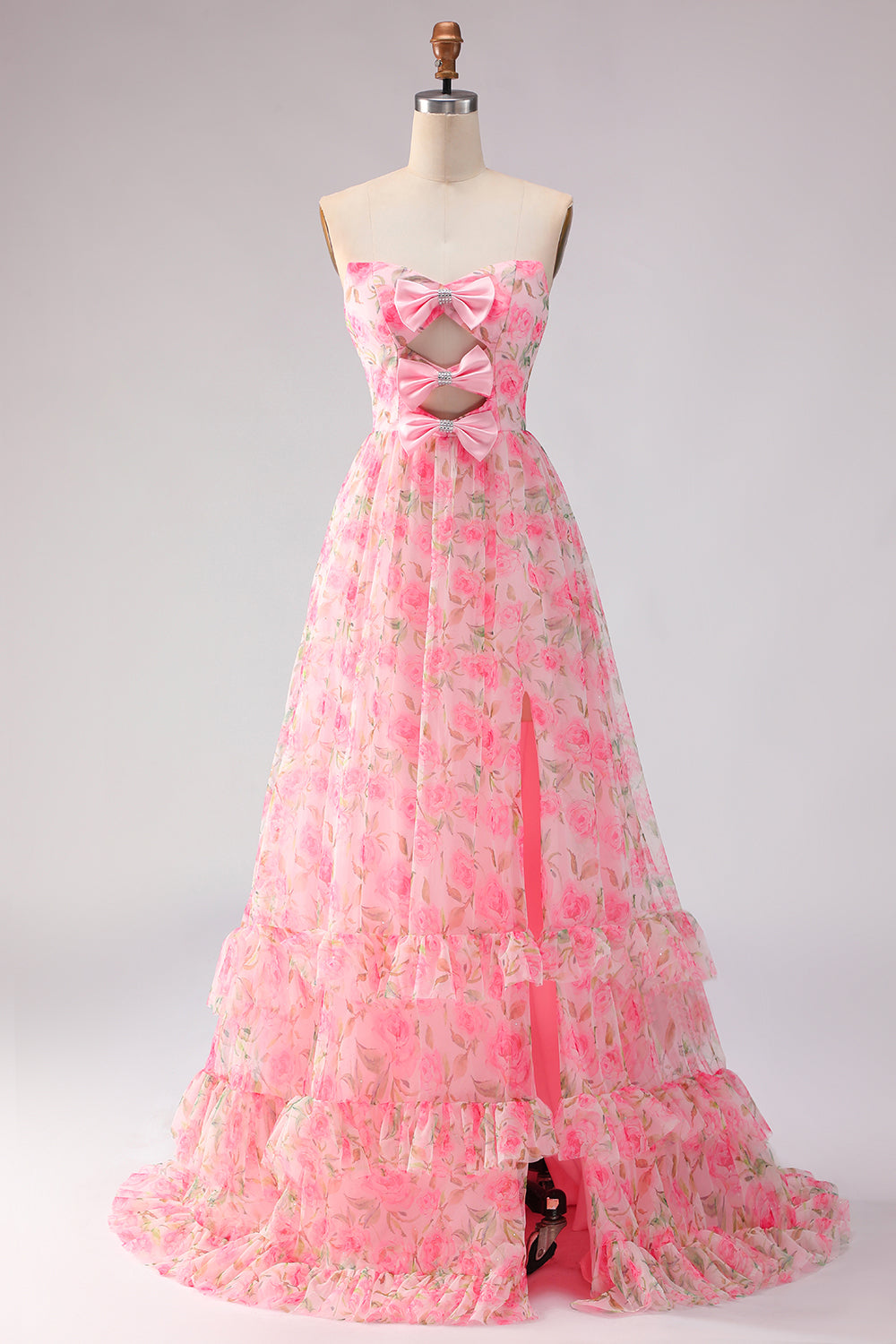 Floral Pink A Line Strapless Bowknot Ruffled Long Prom Dress with Slit