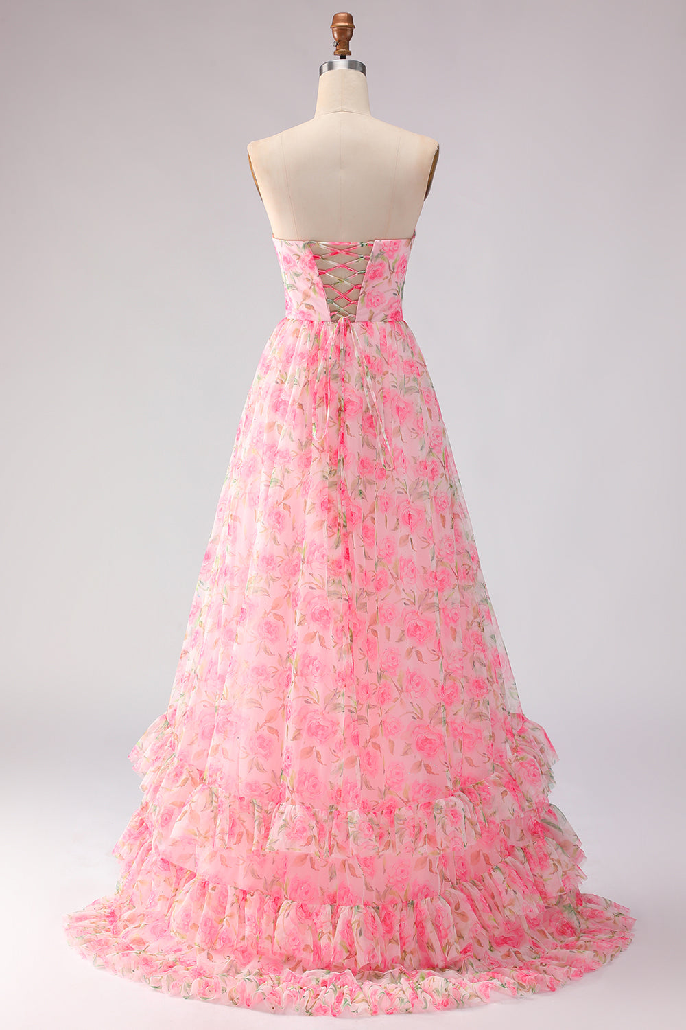 Floral Pink A Line Strapless Bowknot Ruffled Long Prom Dress with Slit