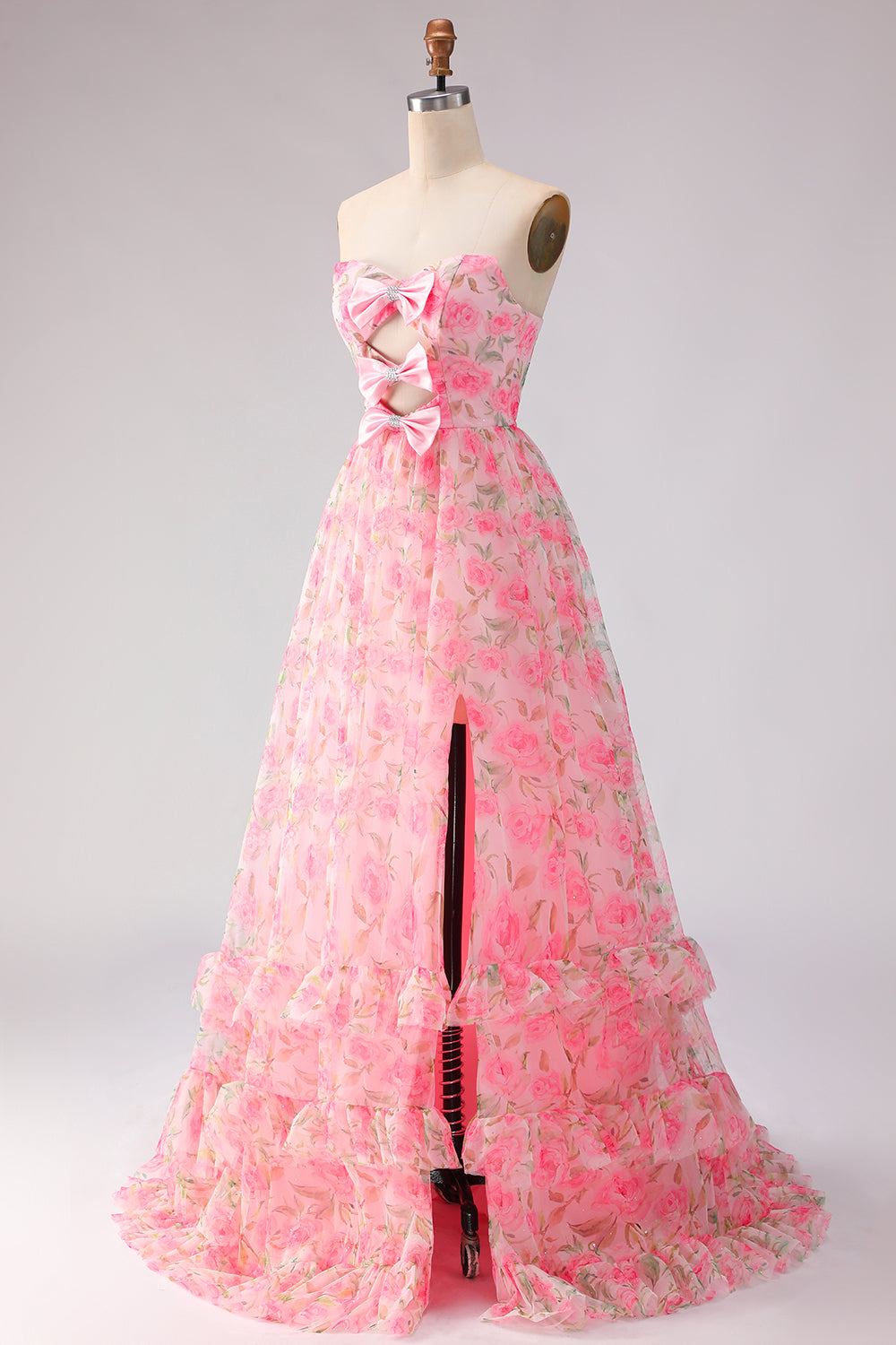 Floral Pink A Line Strapless Bowknot Ruffled Long Prom Dress with Slit