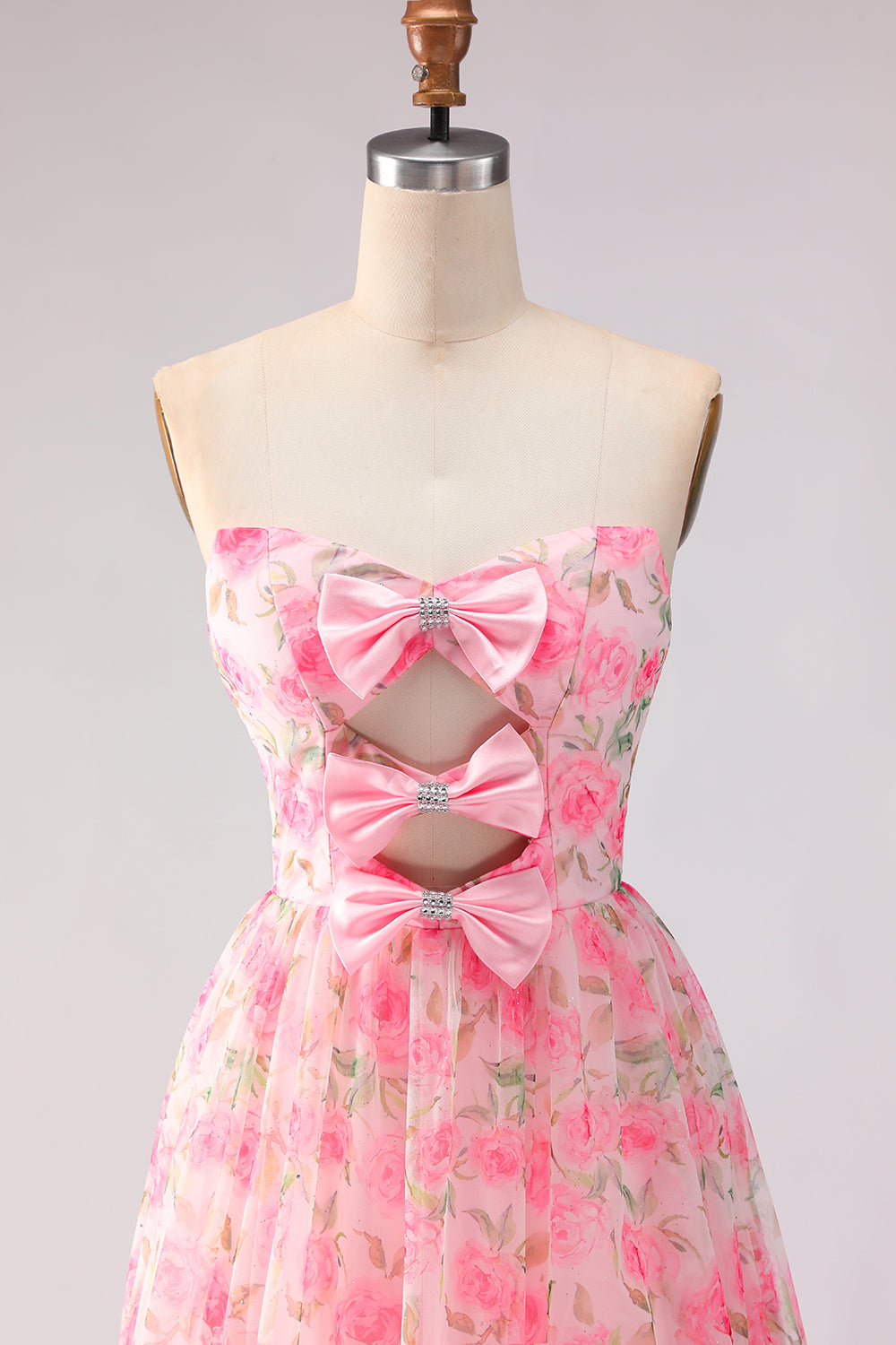 Floral Pink A Line Strapless Bowknot Ruffled Long Prom Dress with Slit