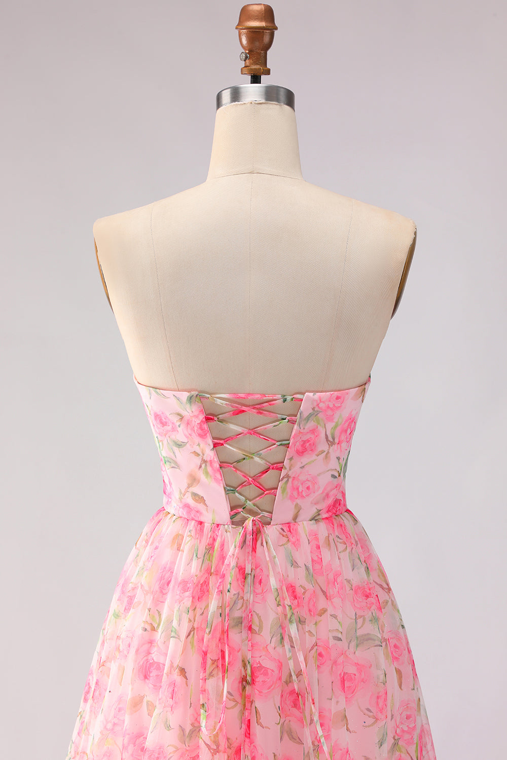Floral Pink A Line Strapless Bowknot Ruffled Long Prom Dress with Slit