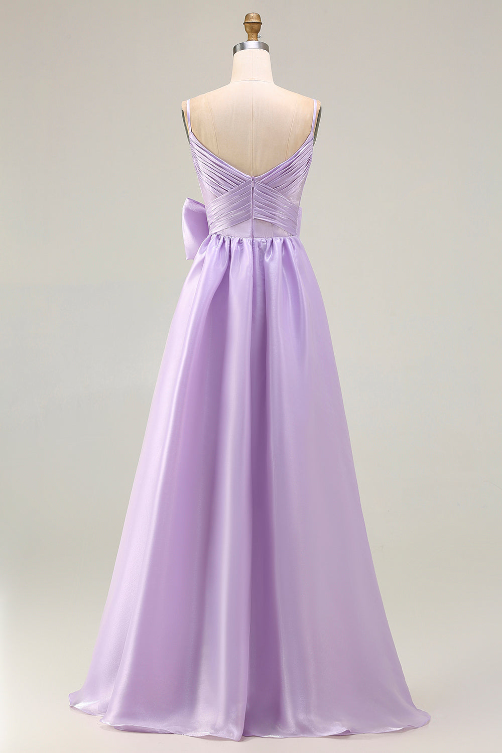 Lilac A-Line Spaghetti Straps Satin Long Prom Dress with Bow