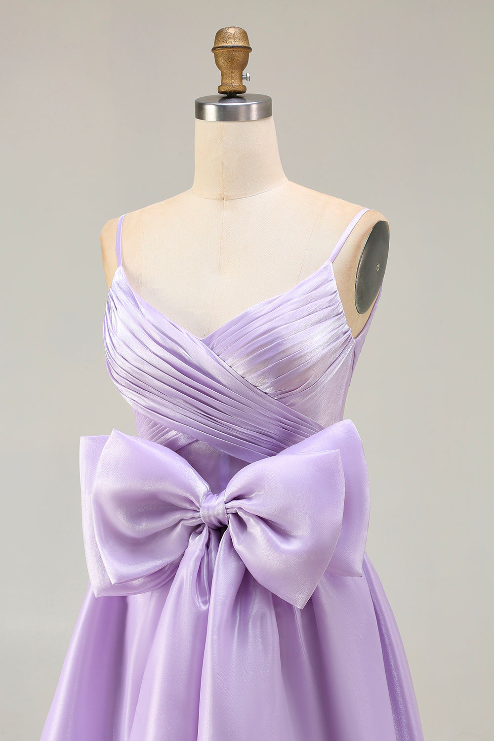 Lilac A-Line Spaghetti Straps Satin Long Prom Dress with Bow