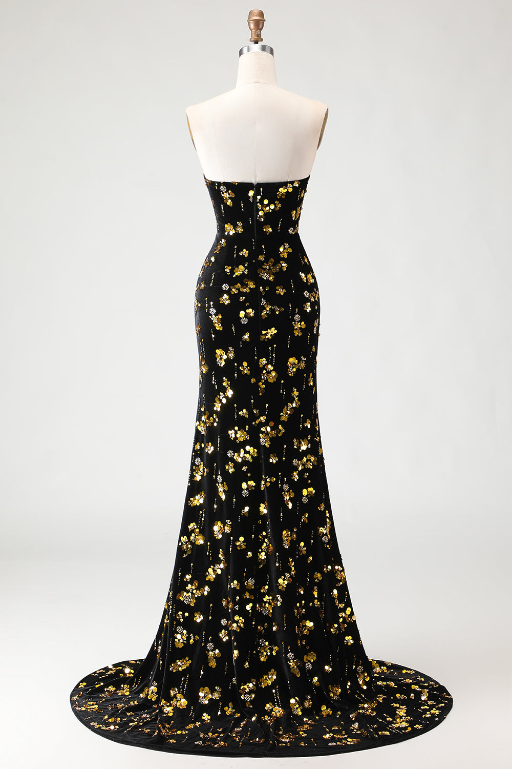Sparkly Black and Golden Strapless Mermaid Long Floral Prom Dress with Slit