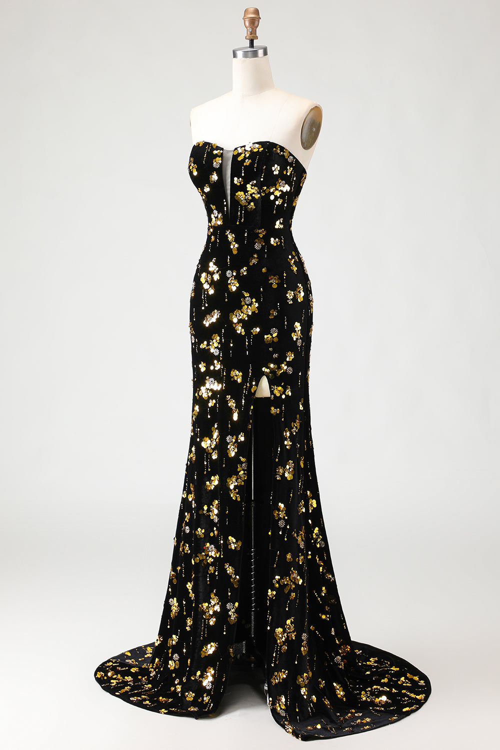 Sparkly Black and Golden Strapless Mermaid Long Floral Prom Dress with Slit