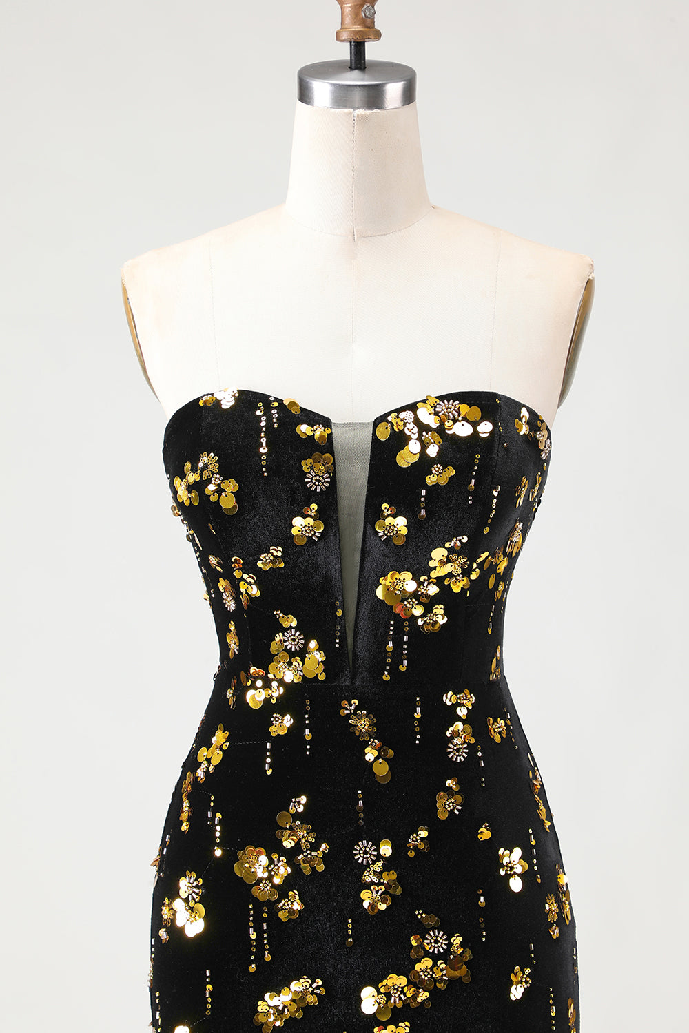 Sparkly Black and Golden Strapless Mermaid Long Floral Prom Dress with Slit