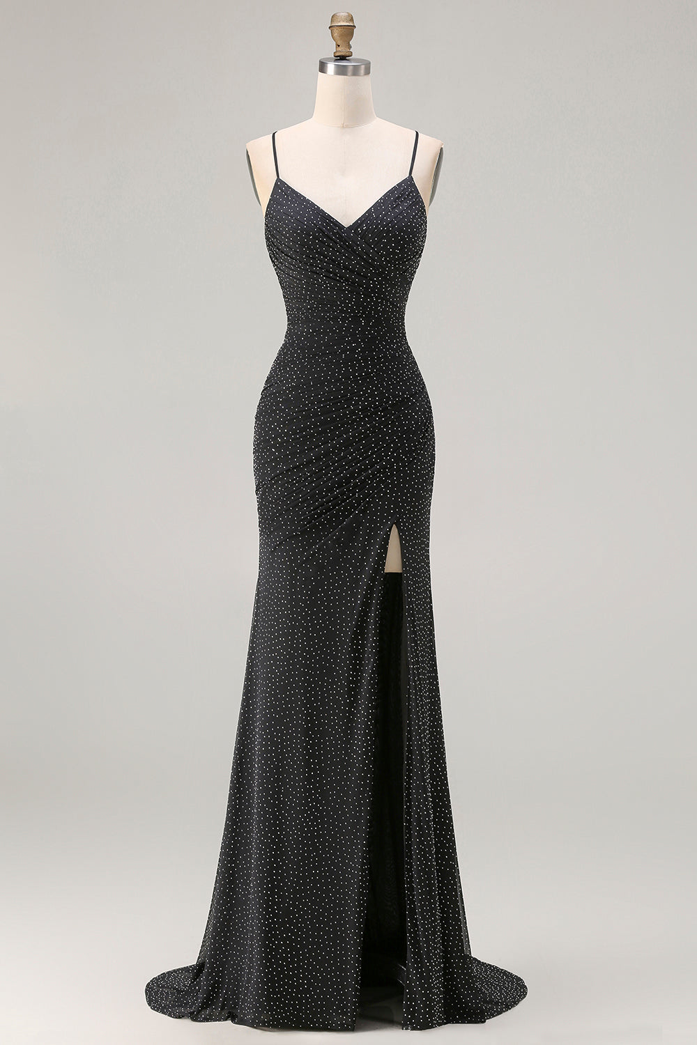 Black Polka Dots Mermaid Ruched Long Prom Dress with Slit