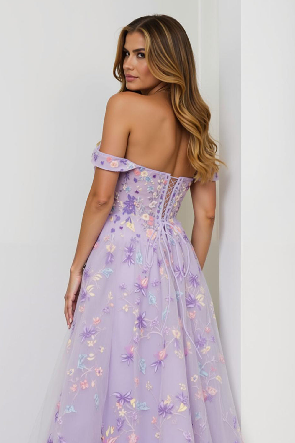 Floral Lilac Corset A Line Off the Shoulder Long Prom Dress with Slit