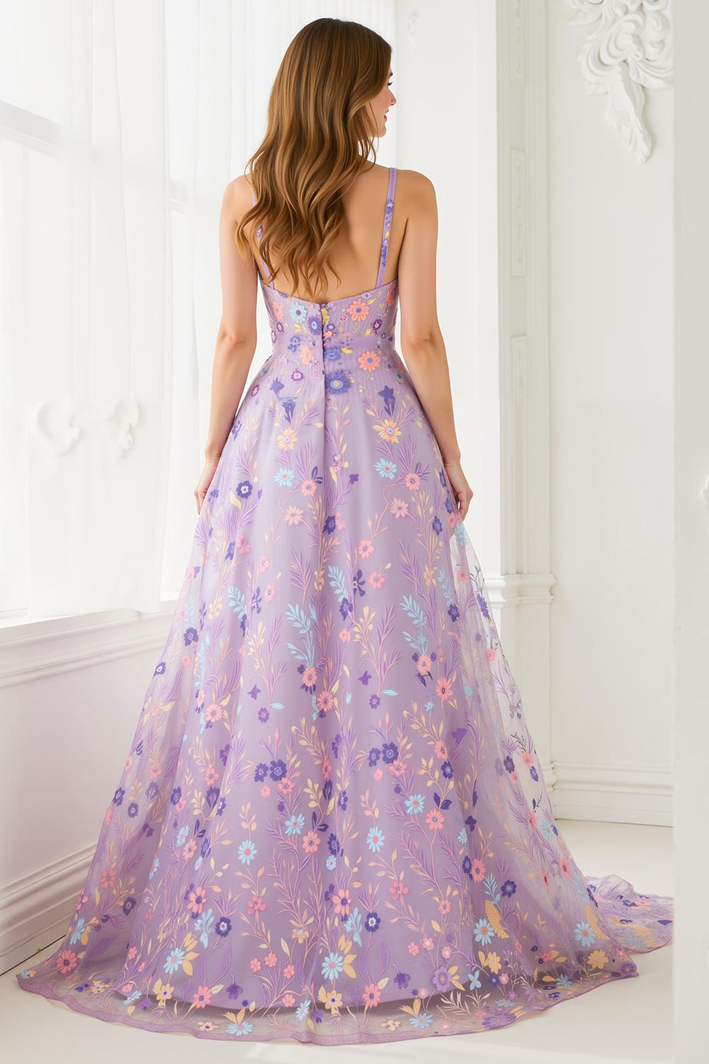 Floral Lilac A-Line V-Neck Long Prom Dress with Embroidery