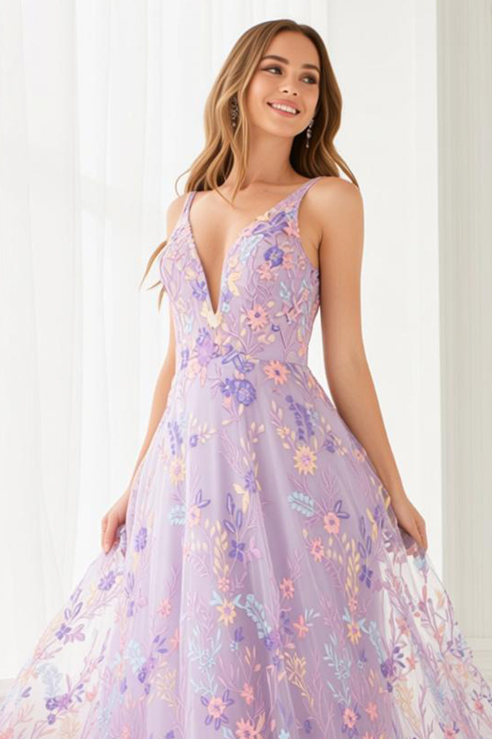 Floral Lilac A-Line V-Neck Long Prom Dress with Embroidery
